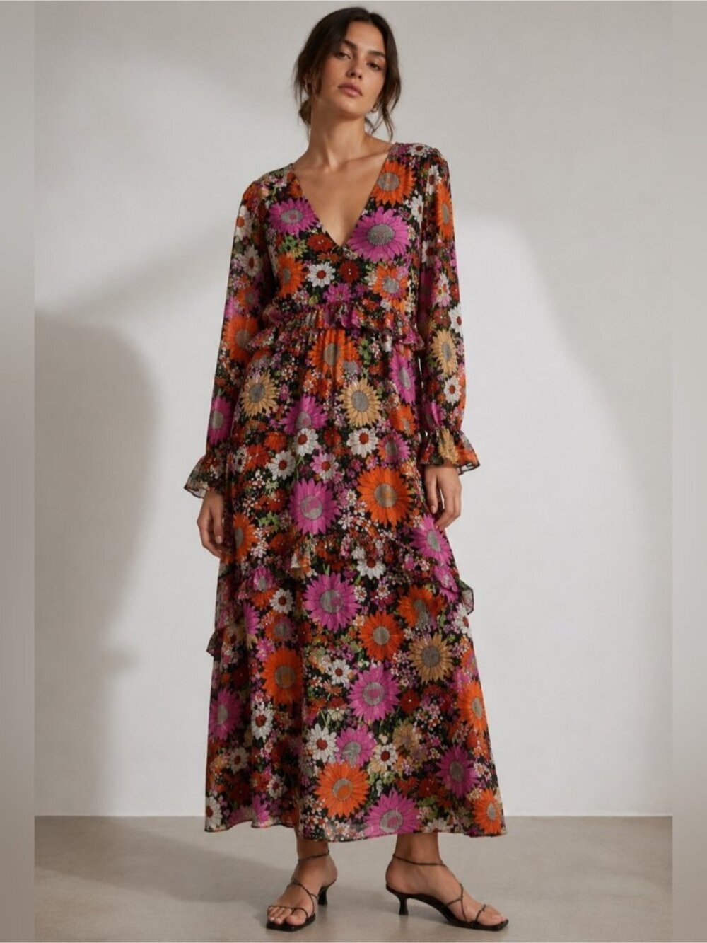 Simply Be Floral Ruffle Midi Dress Women’s US 16 UK 20 Boho Retro